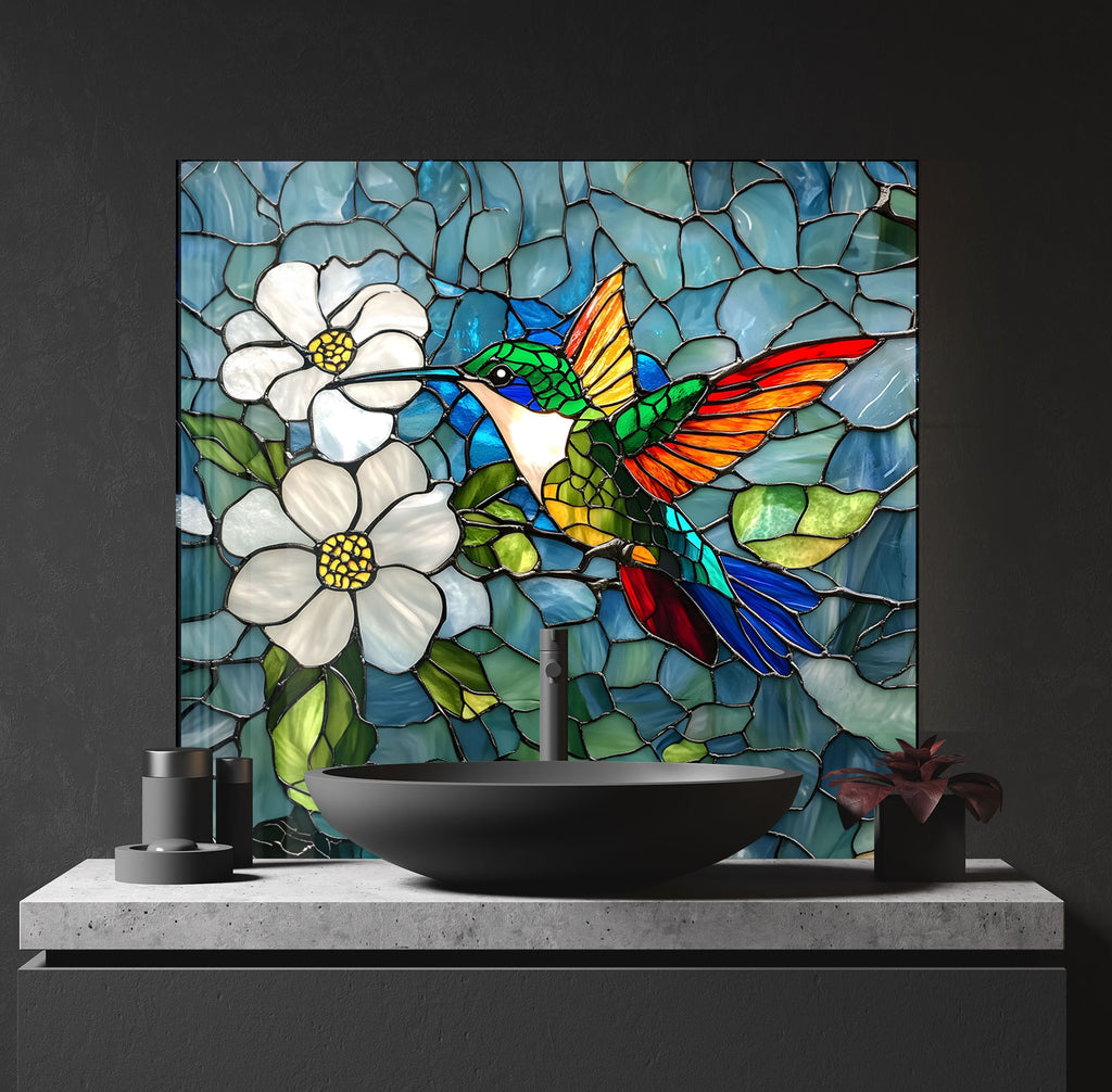 Stained Glass Hummingbird - Tempered Glass Kitchen Backsplash-BacksplashArtworks