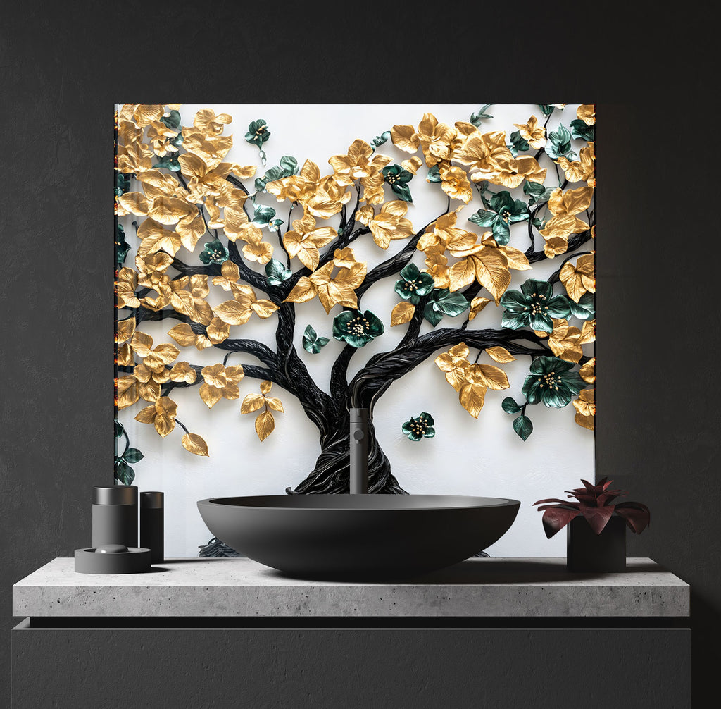 Golden & Brown Tree of Life - Glass Kitchen Backsplash-BacksplashArtworks