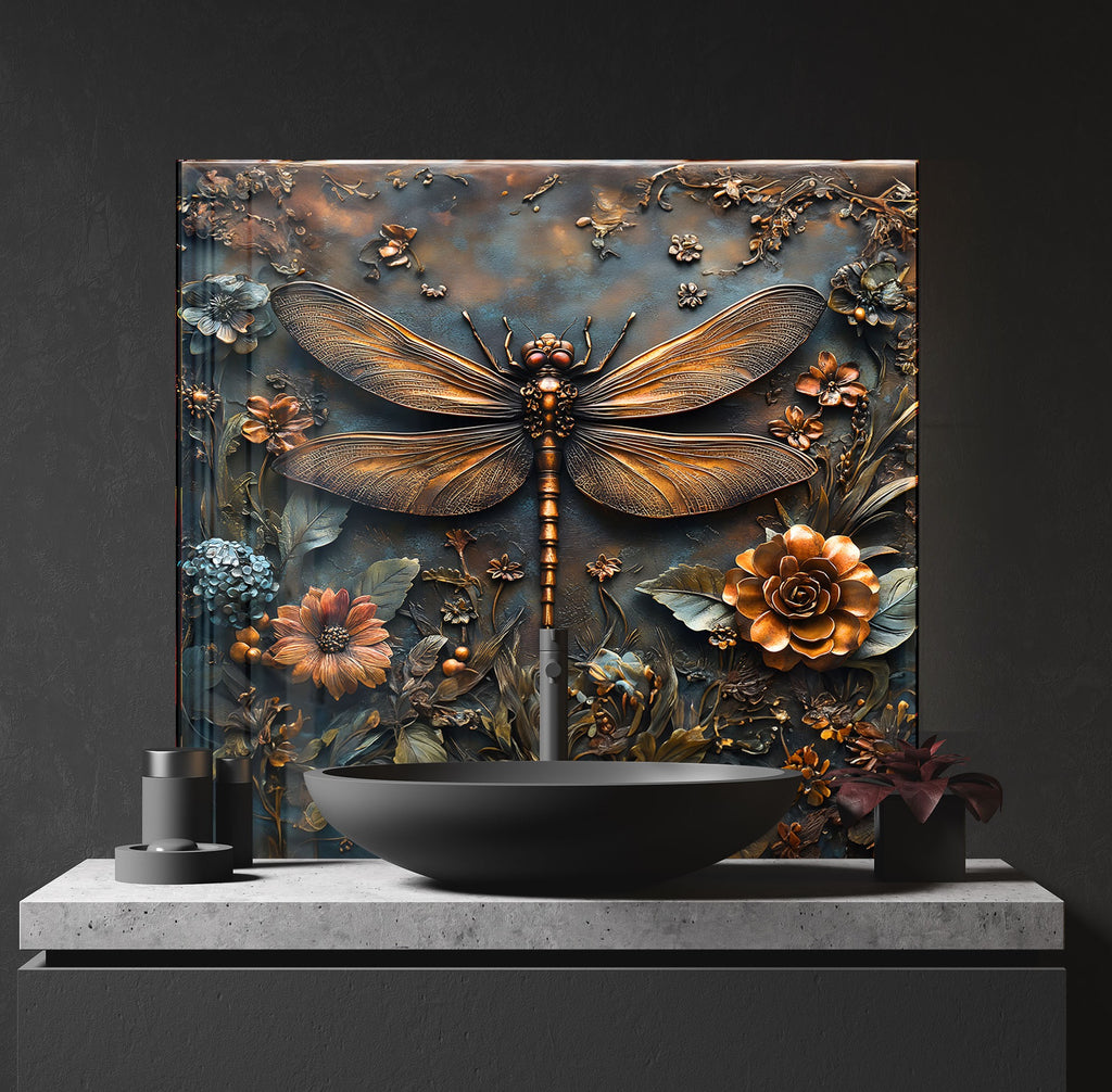 Vintage Bronze Dragonfly - Glass Kitchen Backsplash-BacksplashArtworks