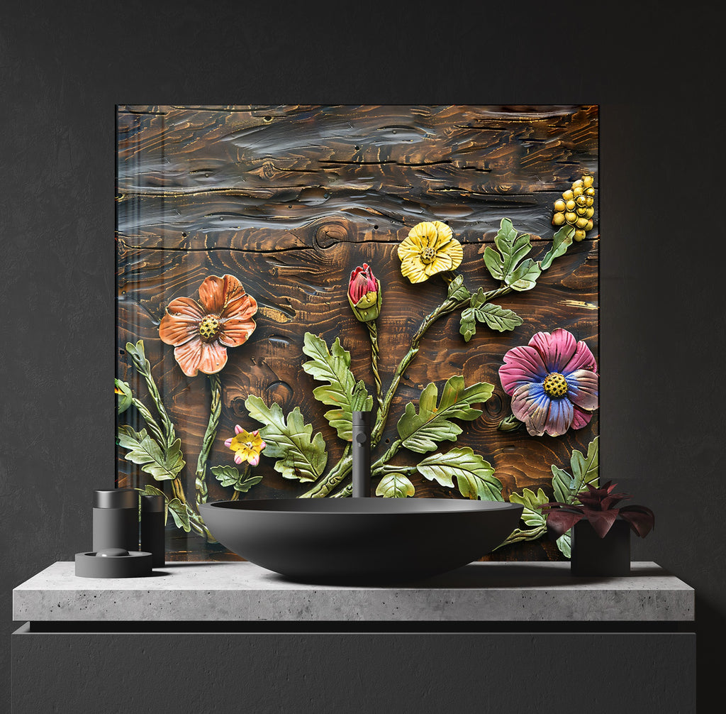 Rustic Botanical Wood Art - Glass Kitchen Backsplash-BacksplashArtworks