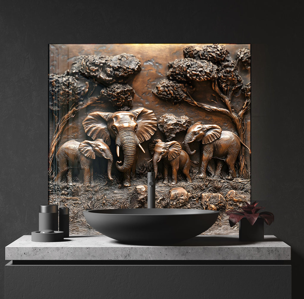 Majestic Elephant Family - Glass Kitchen Backsplash-BacksplashArtworks