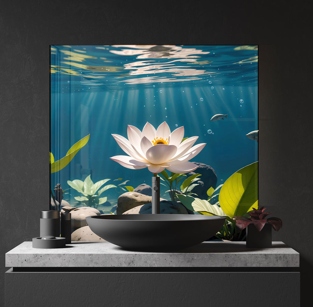 Tranquil Lotus Pond - Glass Kitchen Backsplash-BacksplashArtworks