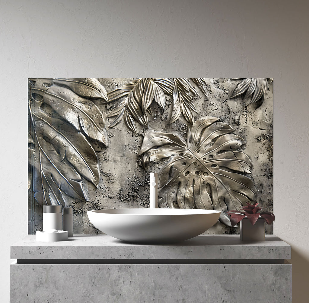 Silver Monstera Leaf - Glass Kitchen Backsplash-BacksplashArtworks
