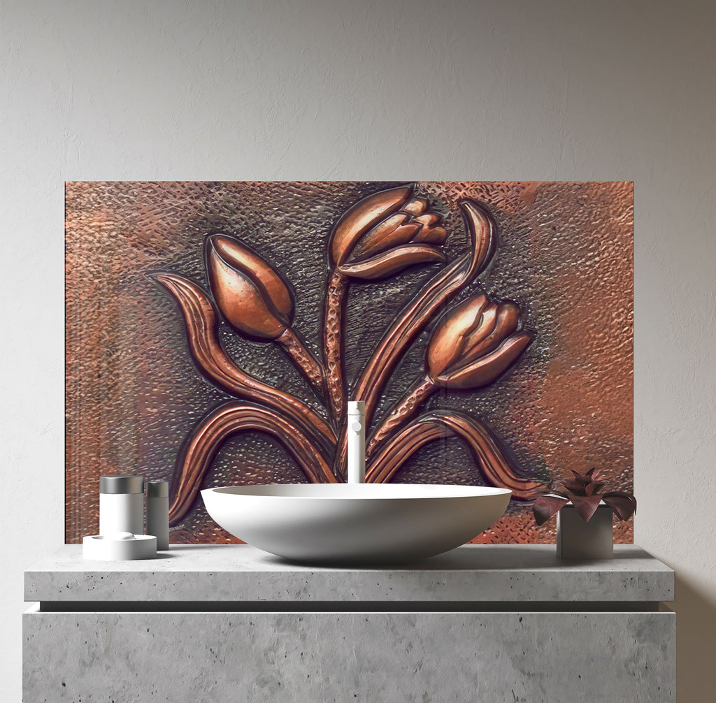 Copper Tulip Symphony - Tempered Glass Kitchen Backsplash-BacksplashArtworks