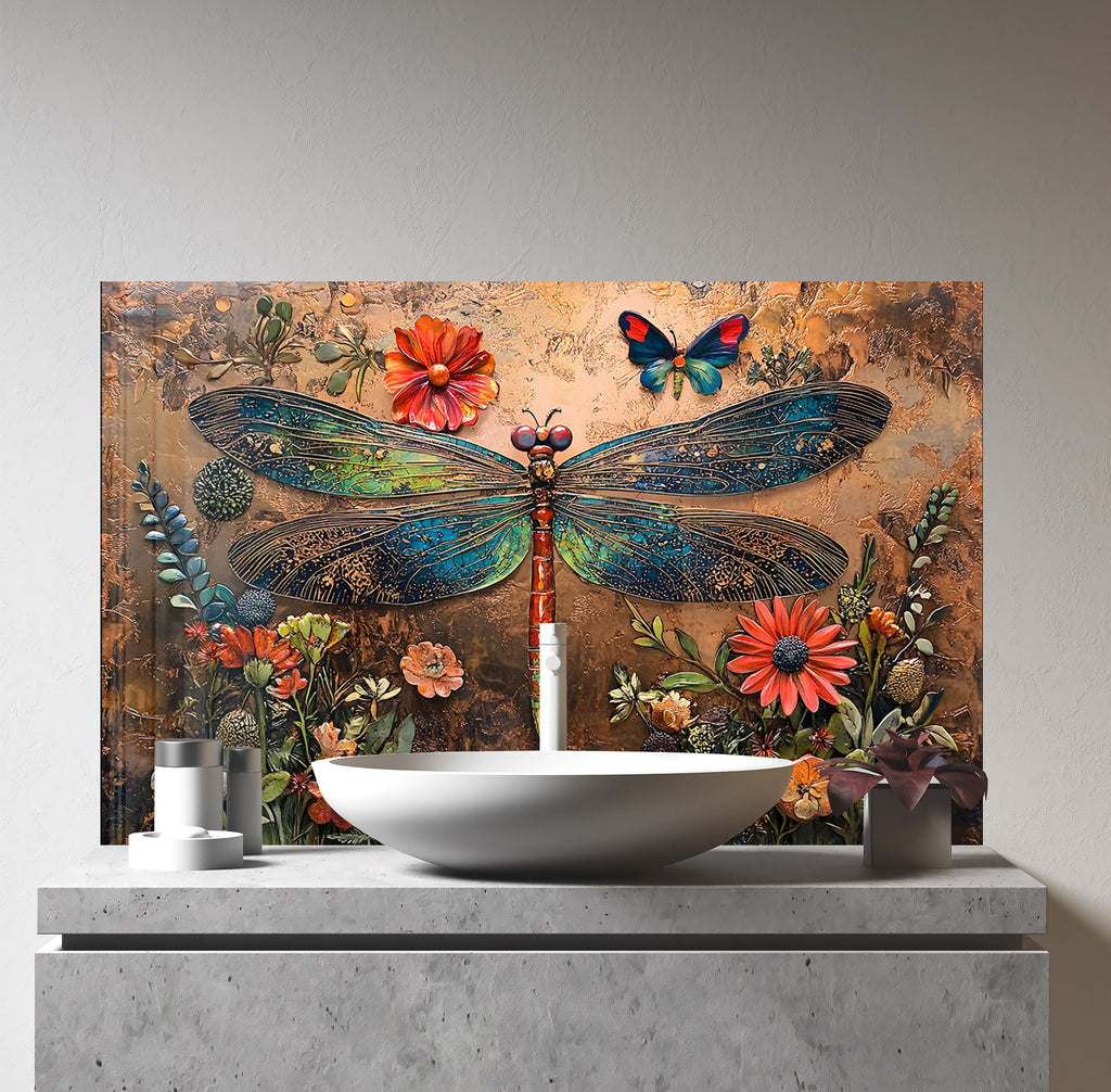 Vibrant Dragonfly - Tempered Glass Kitchen Backsplash-BacksplashArtworks