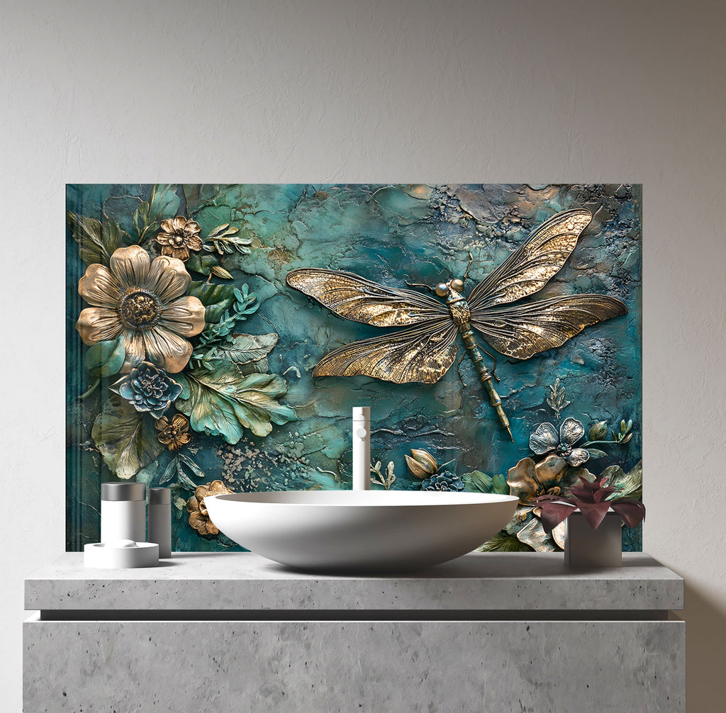 Golden Blue Dragonfly - Glass Kitchen Backsplash-BacksplashArtworks