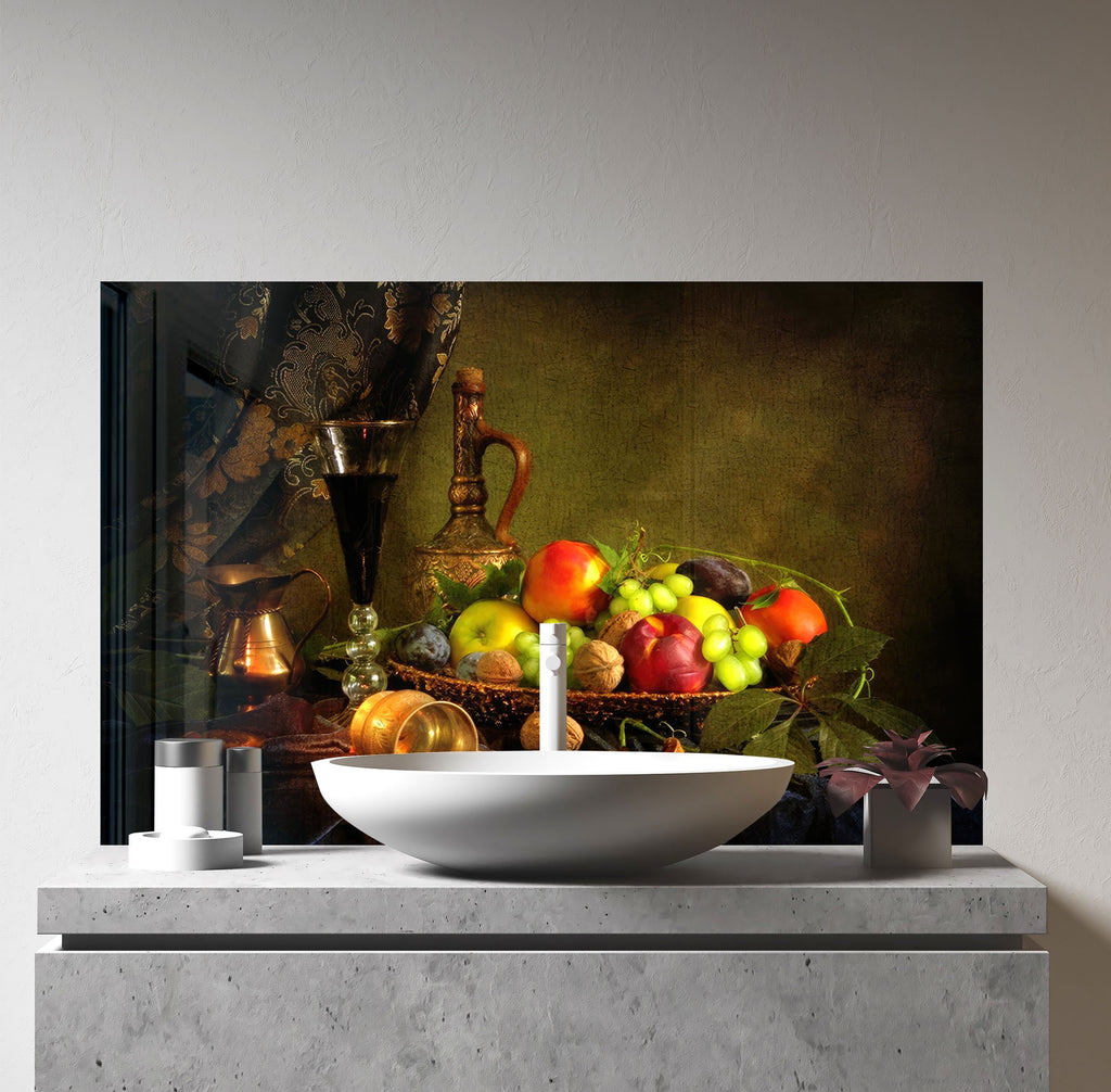 Rustic Fruit & Wine Glass Kitchen Backsplash – Vintage Harvest Design-BacksplashArtworks