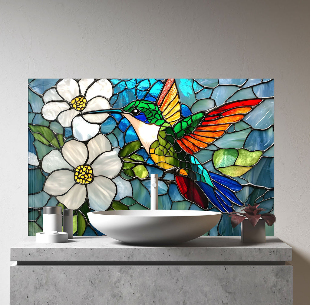 Stained Glass Hummingbird - Tempered Glass Kitchen Backsplash-BacksplashArtworks
