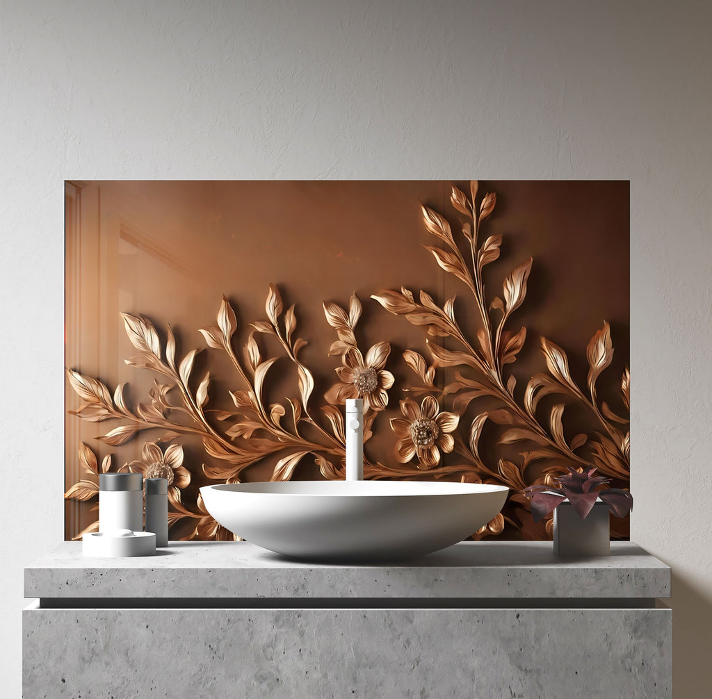 Bronze Floral Embossed - Glass Kitchen Backsplash-BacksplashArtworks