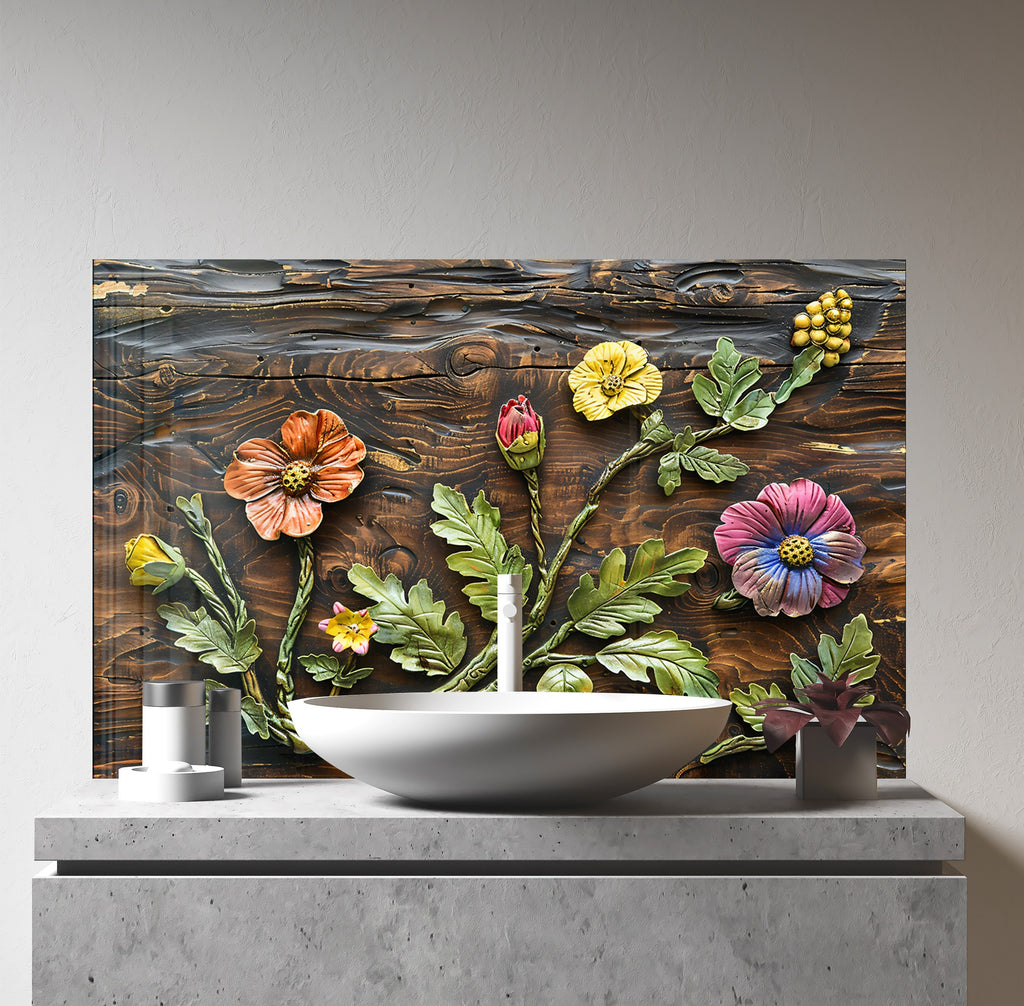Rustic Botanical Wood Art - Glass Kitchen Backsplash-BacksplashArtworks