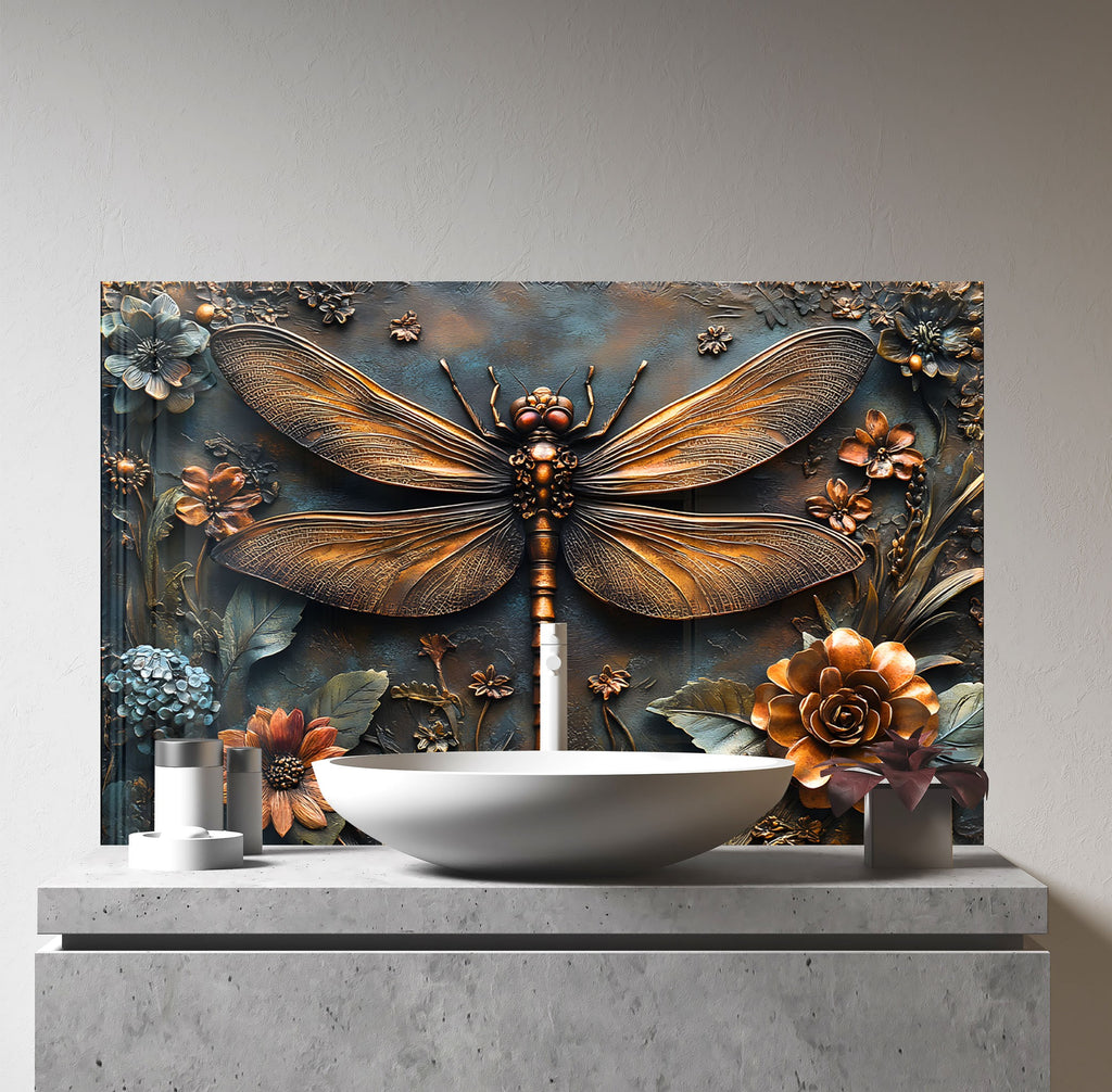 Vintage Bronze Dragonfly - Glass Kitchen Backsplash-BacksplashArtworks
