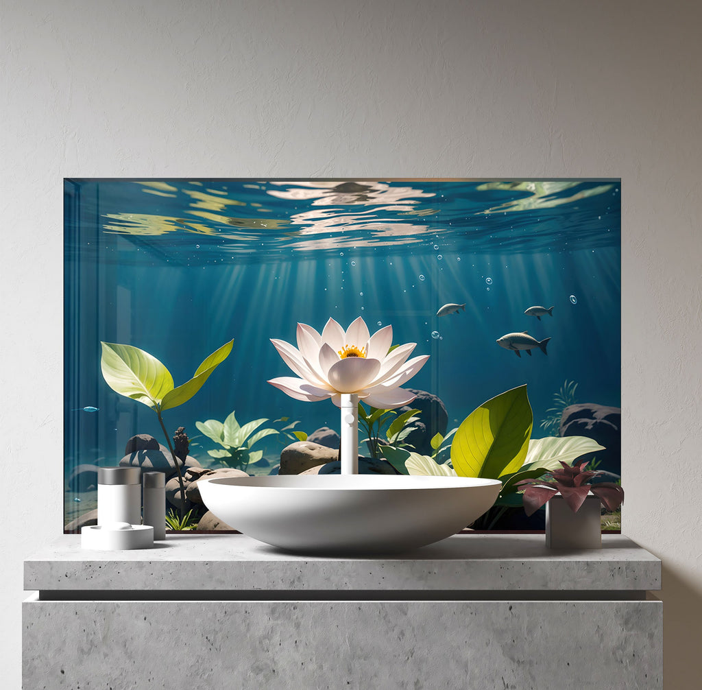 Tranquil Lotus Pond - Glass Kitchen Backsplash-BacksplashArtworks
