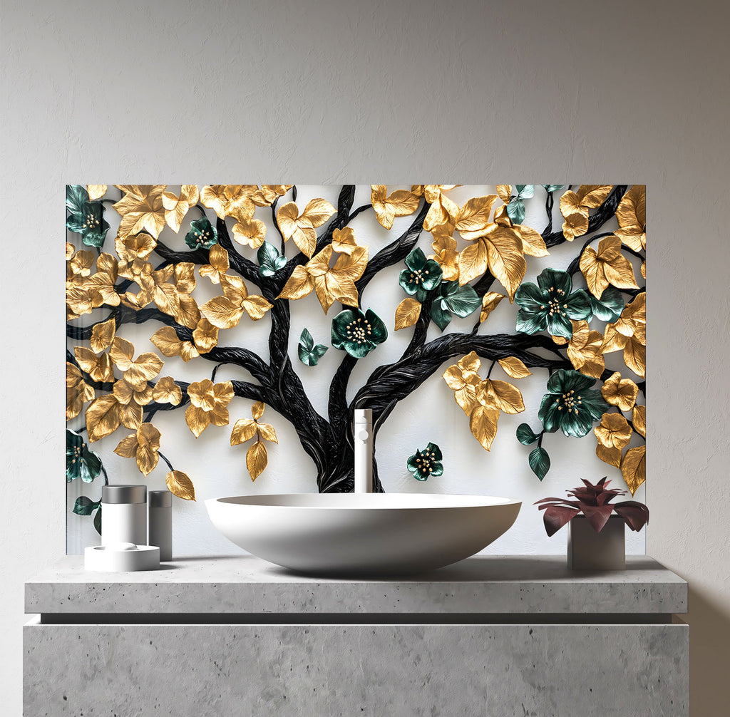 Golden & Brown Tree of Life - Glass Kitchen Backsplash-BacksplashArtworks