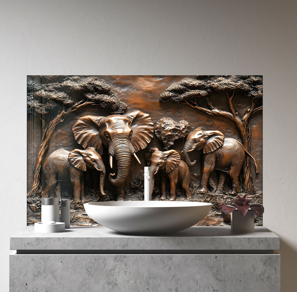 Majestic Elephant Family - Glass Kitchen Backsplash-BacksplashArtworks