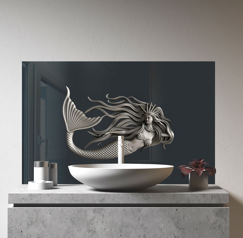 Silver Mermaid - Glass Kitchen Backsplash-BacksplashArtworks