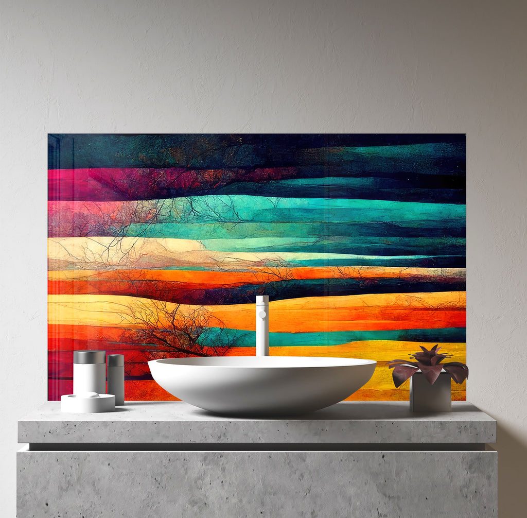 Vibrant Abstract Landscape Wall Art - Tempered Glass Kitchen Backsplash-BacksplashArtworks