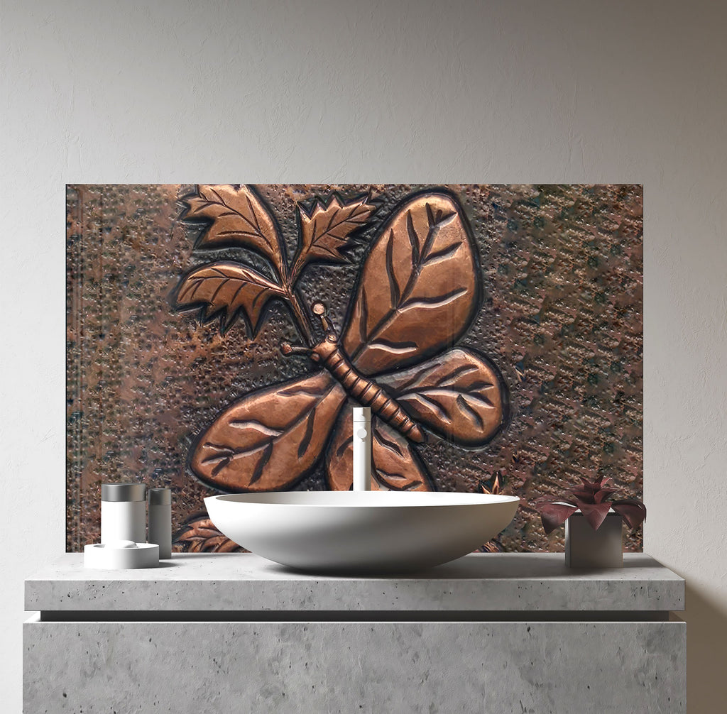 Rustic Copper Butterfly - Glass Kitchen Backsplash-BacksplashArtworks
