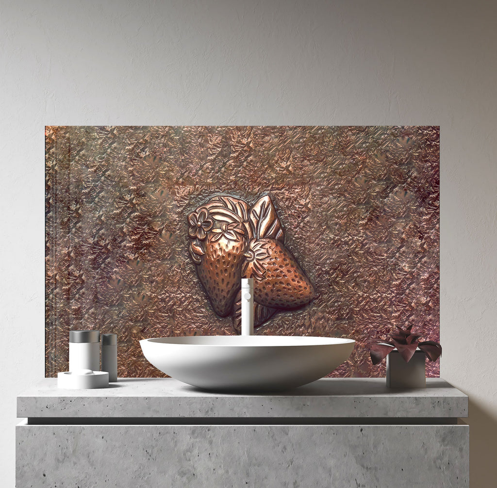 Elegant Strawberry Glass Kitchen Backsplash – Metallic Fruit Design-BacksplashArtworks