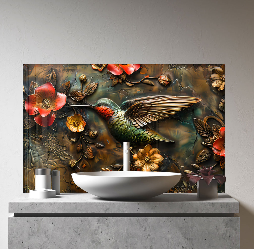 Hummingbird & Flowers - Glass Kitchen Backsplash-BacksplashArtworks