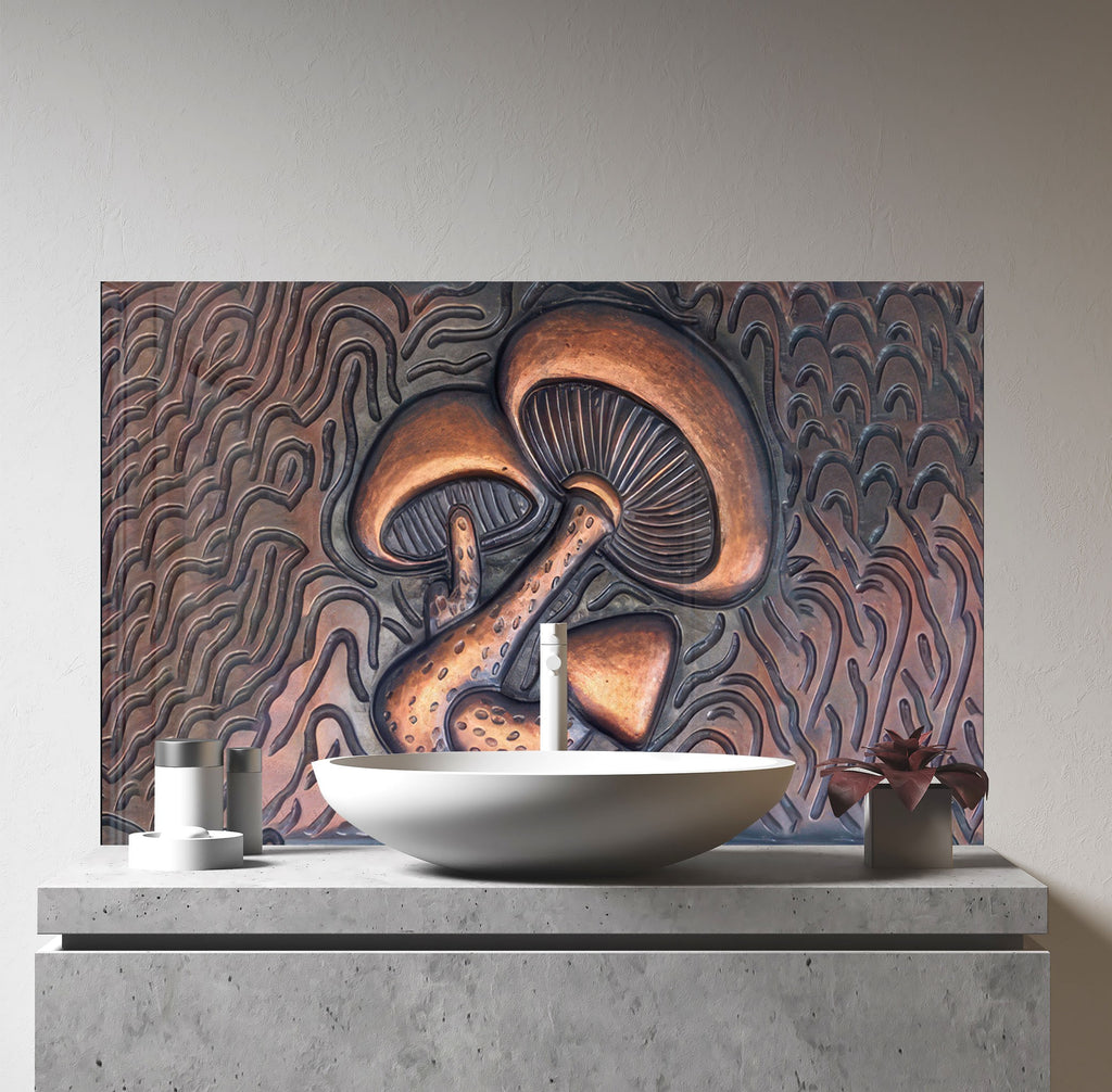 Bronze Mushroom Elegance - Glass Kitchen Backsplash-BacksplashArtworks