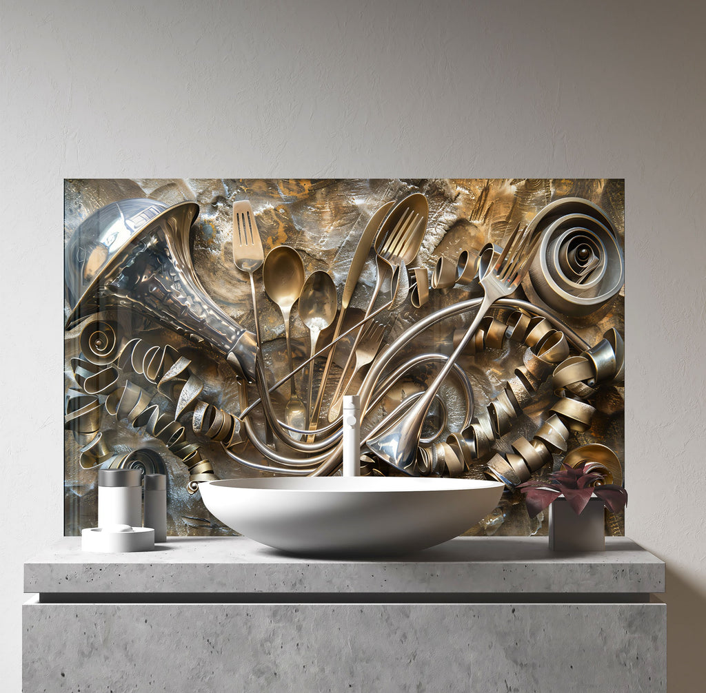Golden Utensil Symphony - Glass Kitchen Backsplash-BacksplashArtworks