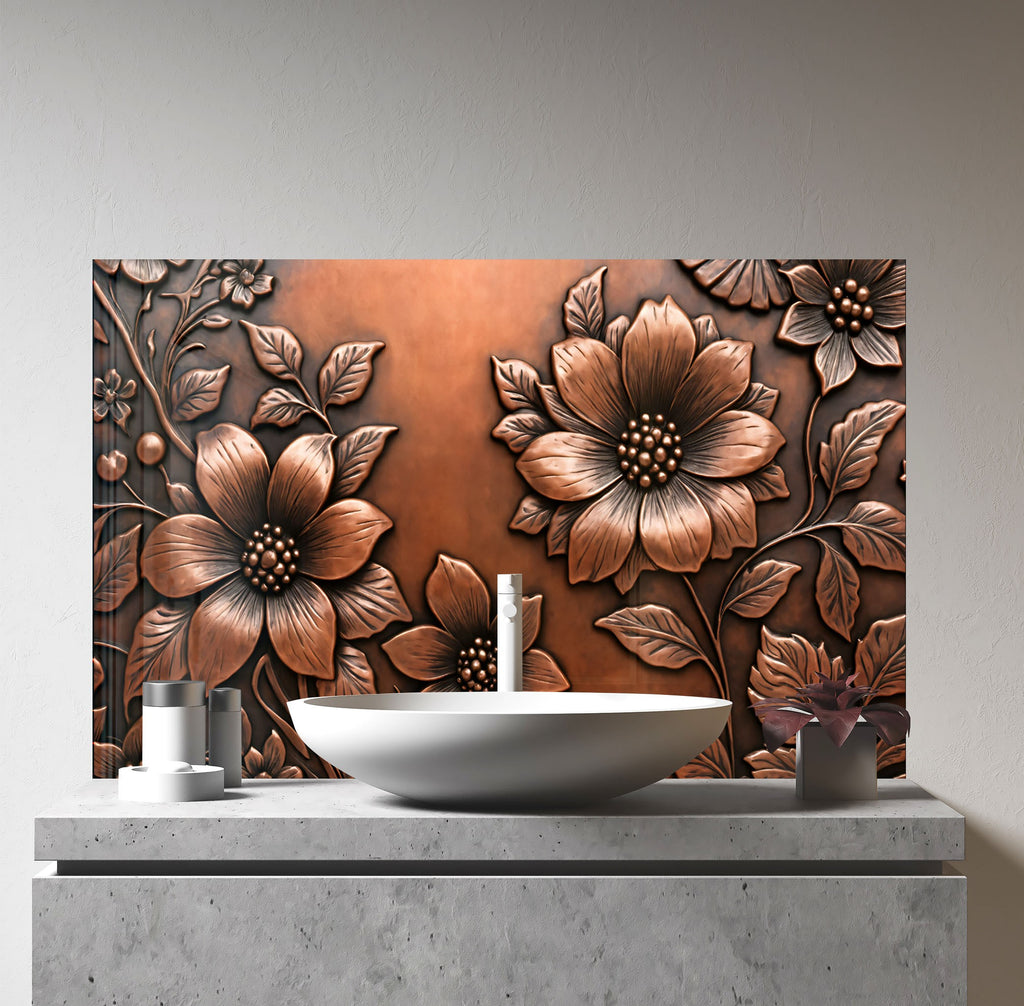 Antique Copper Floral - Glass Kitchen Backsplash-BacksplashArtworks