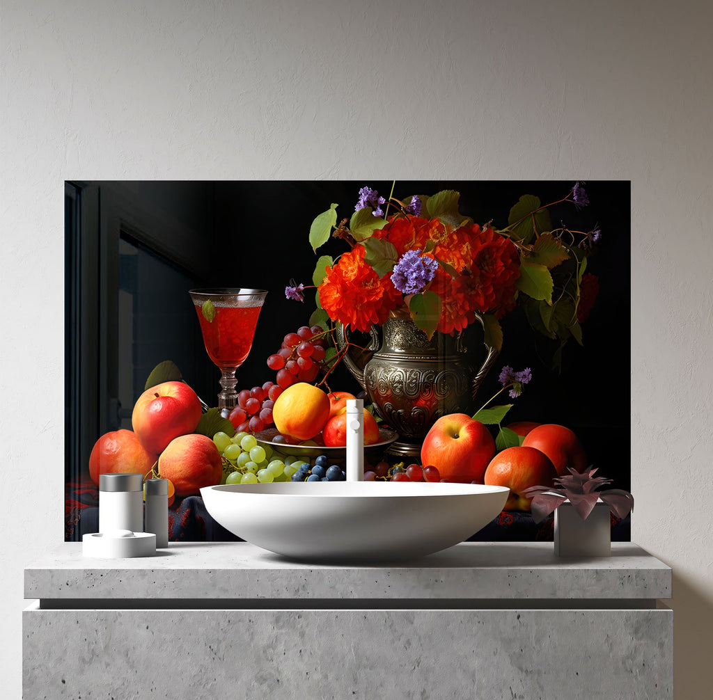 Elegant Fruit & Wine Glass Kitchen Backsplash – Vintage Harvest Design-BacksplashArtworks
