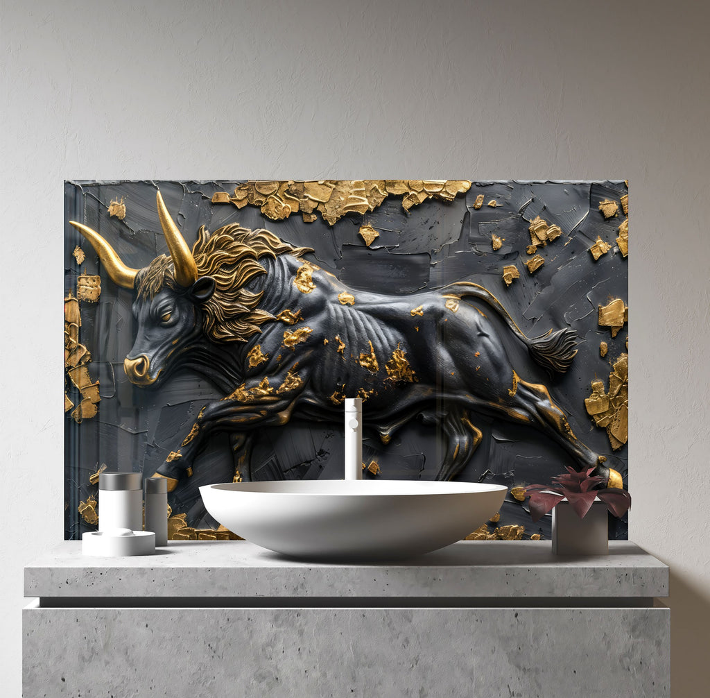 Golden Bull - Tempered Glass Kitchen Backsplash-BacksplashArtworks