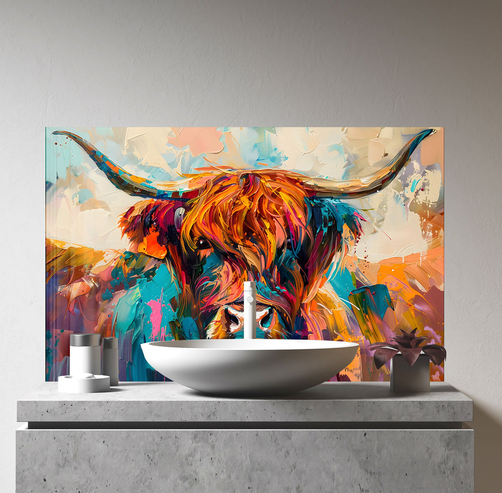 Vibrant Highland Cow - Tempered Glass Kitchen Backsplash-BacksplashArtworks