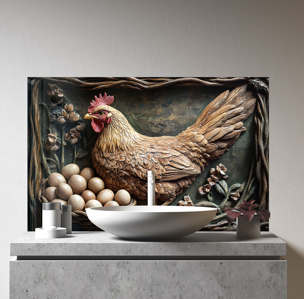 Rustic Farmhouse Hen - Glass Kitchen Backsplash-BacksplashArtworks