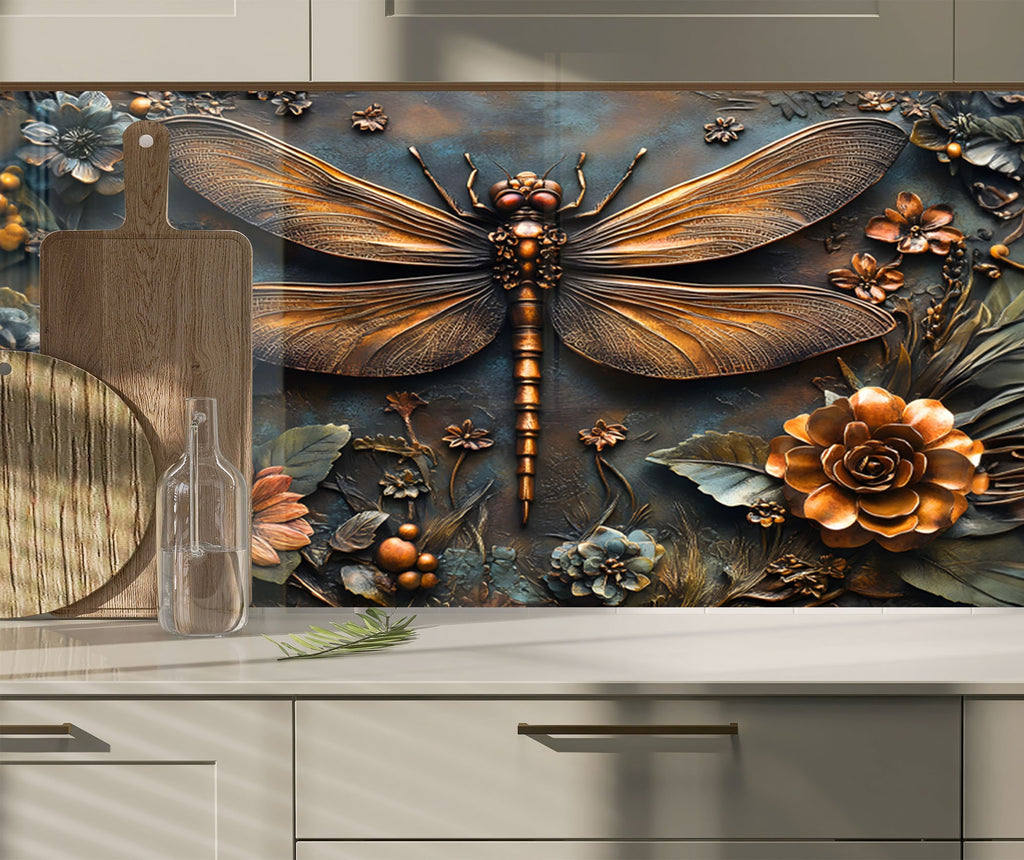 Vintage Bronze Dragonfly - Glass Kitchen Backsplash-BacksplashArtworks