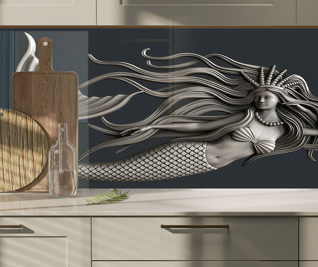 Silver Mermaid - Glass Kitchen Backsplash-BacksplashArtworks