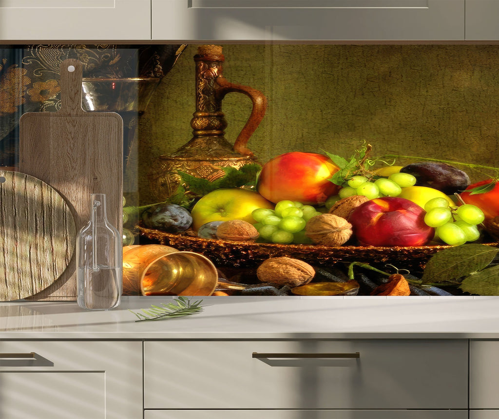 Rustic Fruit & Wine Glass Kitchen Backsplash – Vintage Harvest Design-BacksplashArtworks