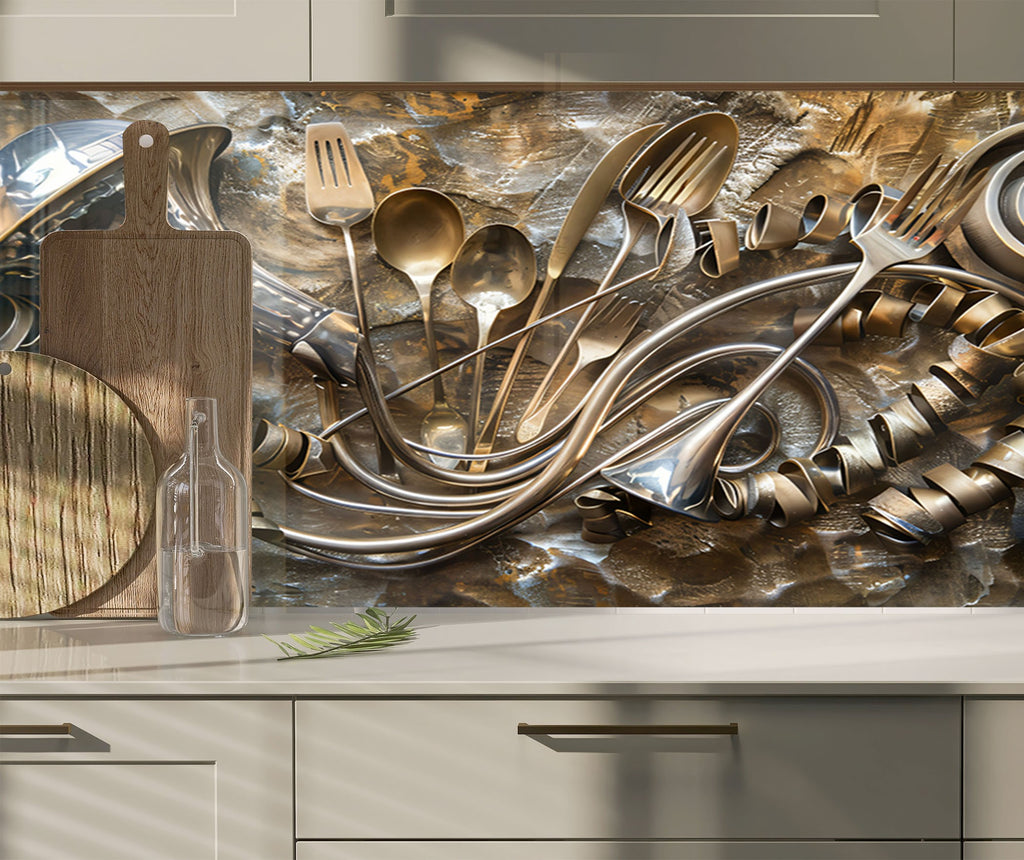 Golden Utensil Symphony - Glass Kitchen Backsplash-BacksplashArtworks