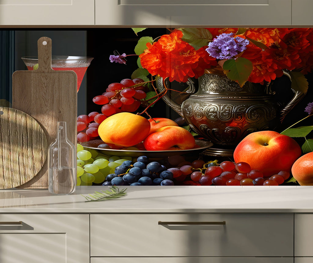 Elegant Fruit & Wine Glass Kitchen Backsplash – Vintage Harvest Design-BacksplashArtworks