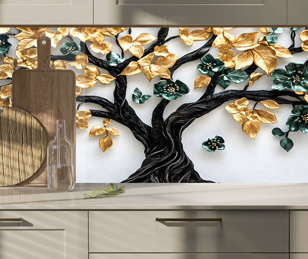 Golden & Brown Tree of Life - Glass Kitchen Backsplash-BacksplashArtworks