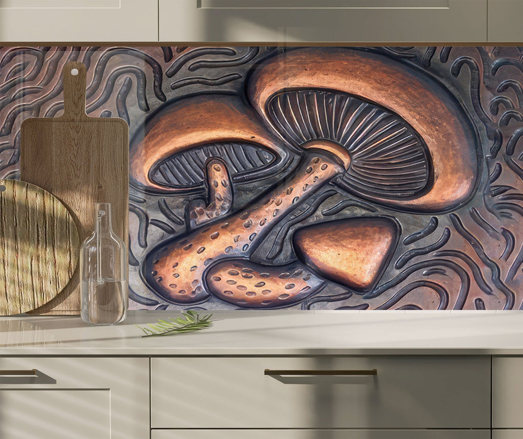 Bronze Mushroom Elegance - Glass Kitchen Backsplash-BacksplashArtworks