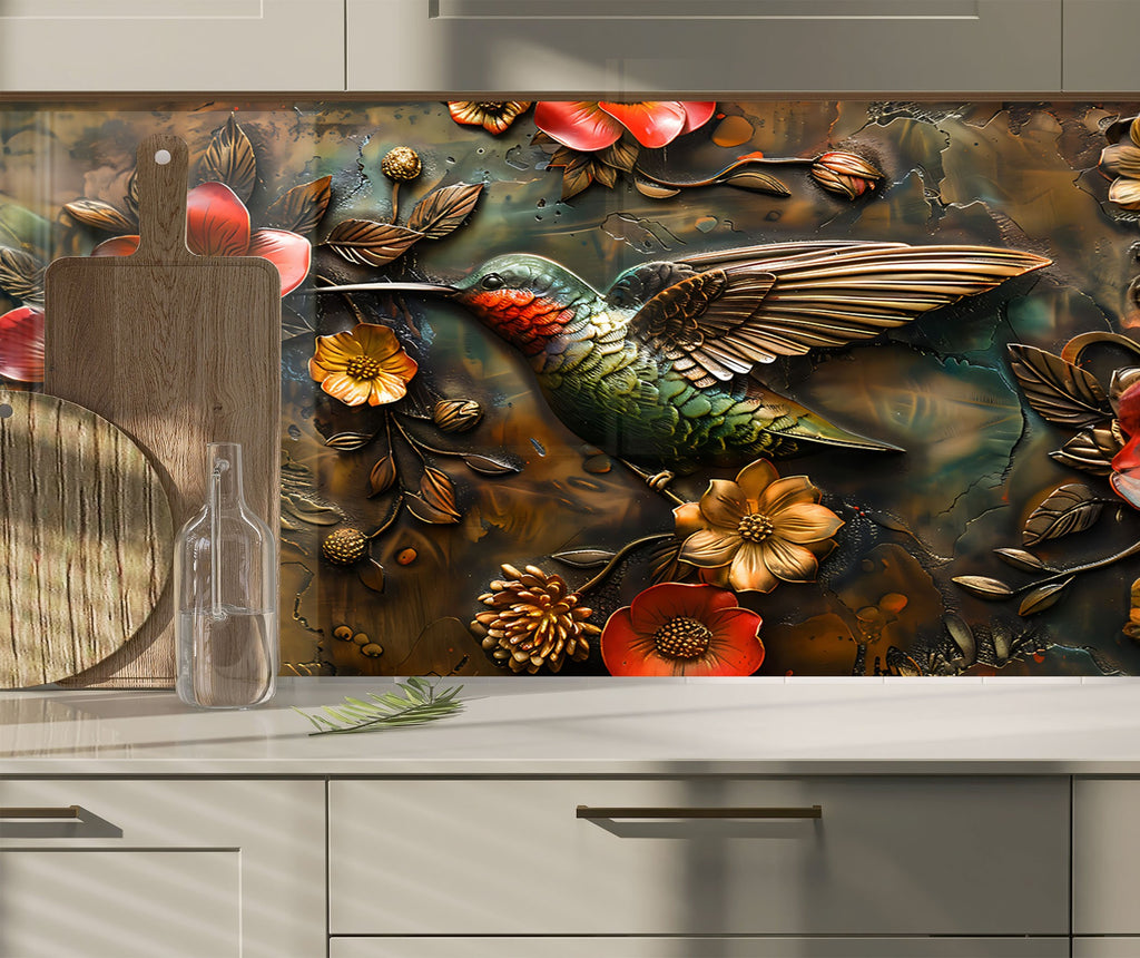 Hummingbird & Flowers - Glass Kitchen Backsplash-BacksplashArtworks