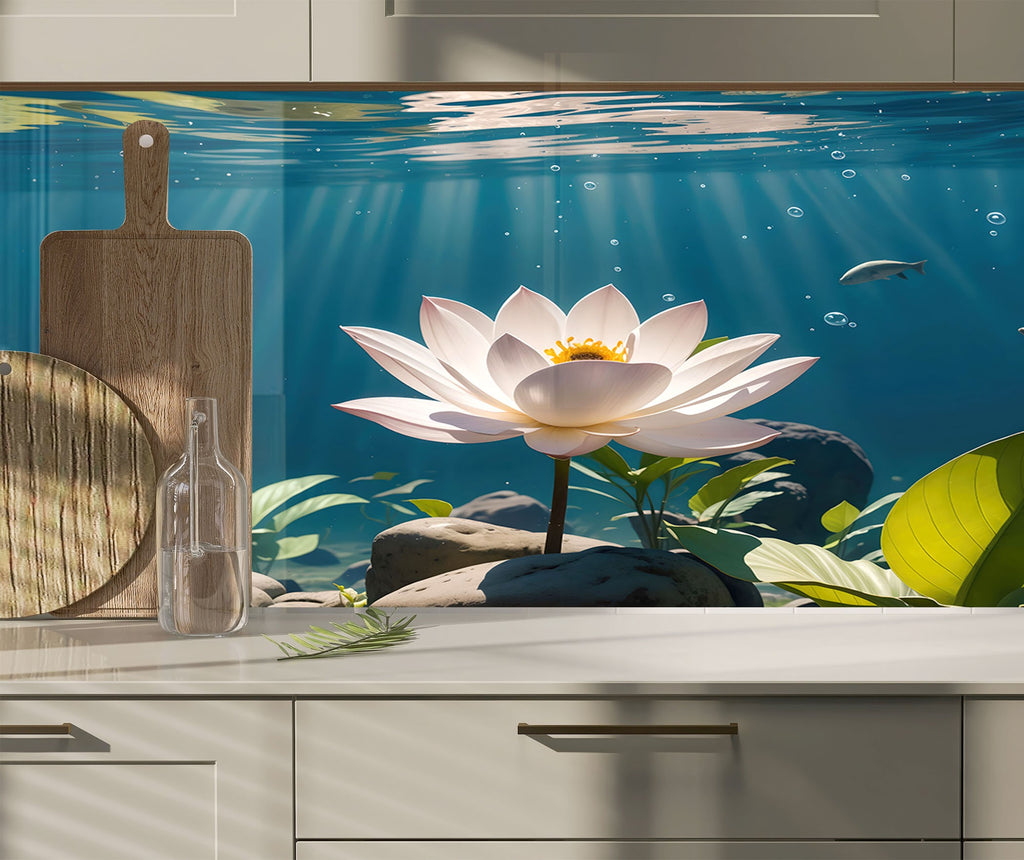 Tranquil Lotus Pond - Glass Kitchen Backsplash-BacksplashArtworks