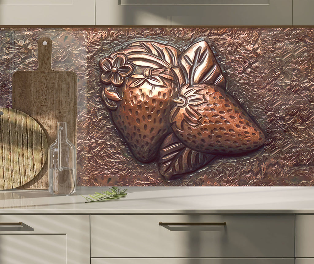 Elegant Strawberry Glass Kitchen Backsplash – Metallic Fruit Design-BacksplashArtworks