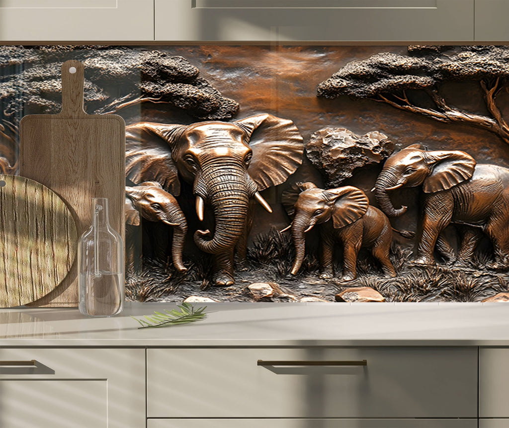 Majestic Elephant Family - Glass Kitchen Backsplash-BacksplashArtworks