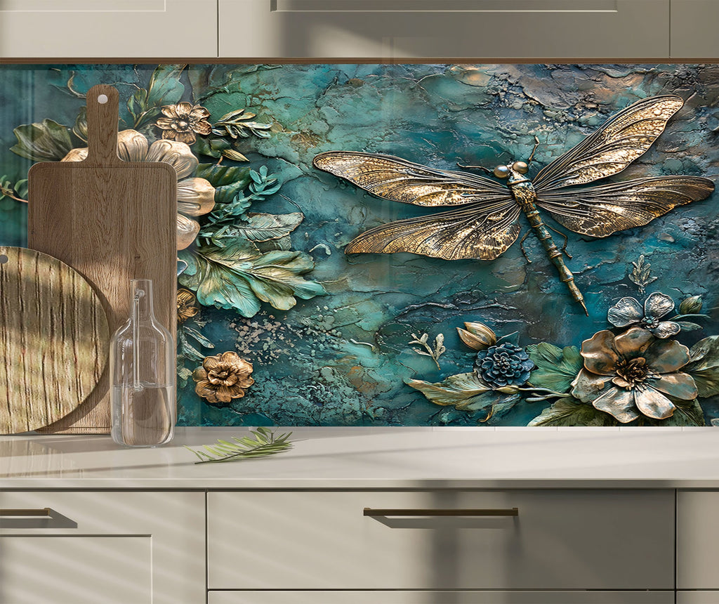 Golden Blue Dragonfly - Glass Kitchen Backsplash-BacksplashArtworks