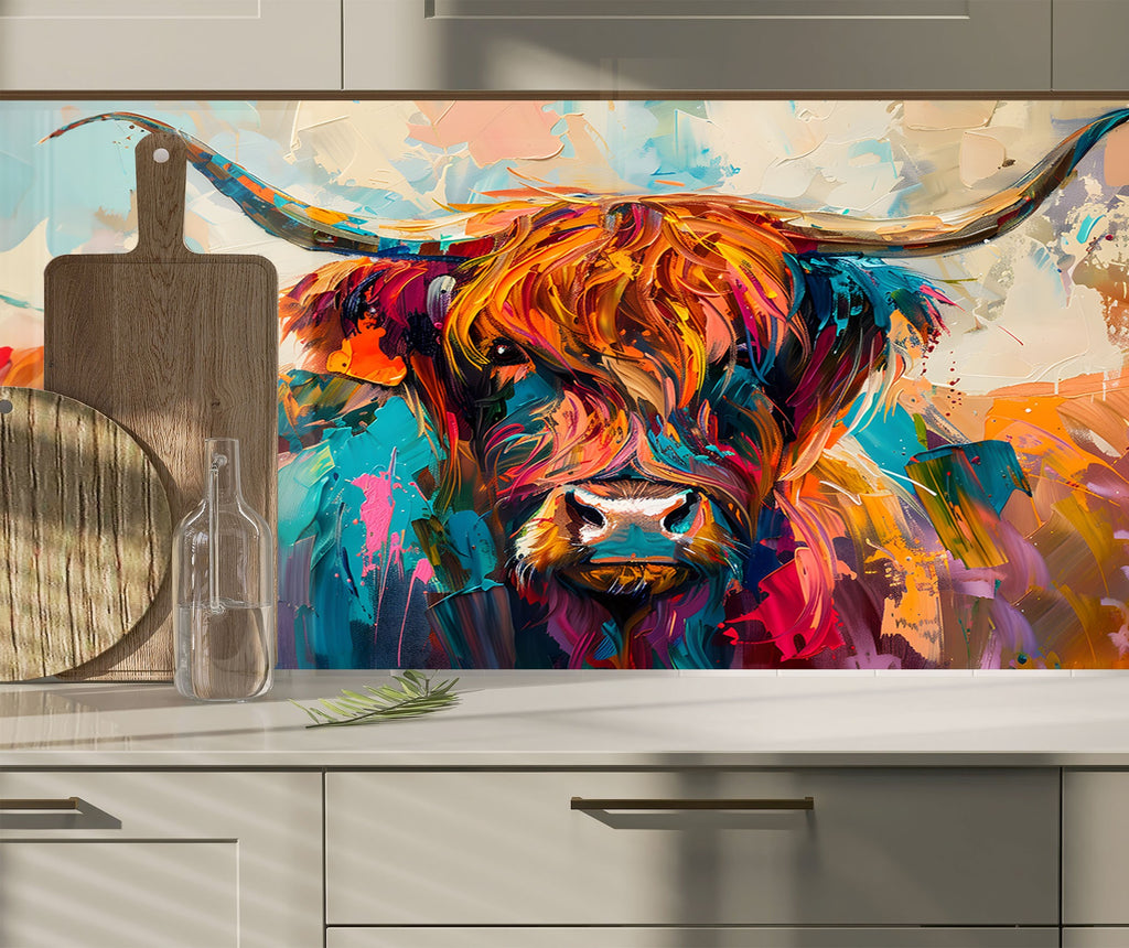 Vibrant Highland Cow - Tempered Glass Kitchen Backsplash-BacksplashArtworks