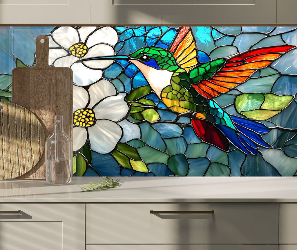 Stained Glass Hummingbird - Tempered Glass Kitchen Backsplash-BacksplashArtworks