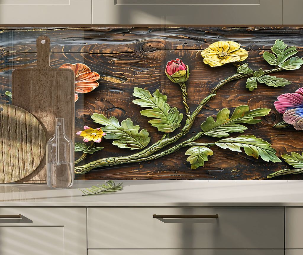 Rustic Botanical Wood Art - Glass Kitchen Backsplash-BacksplashArtworks