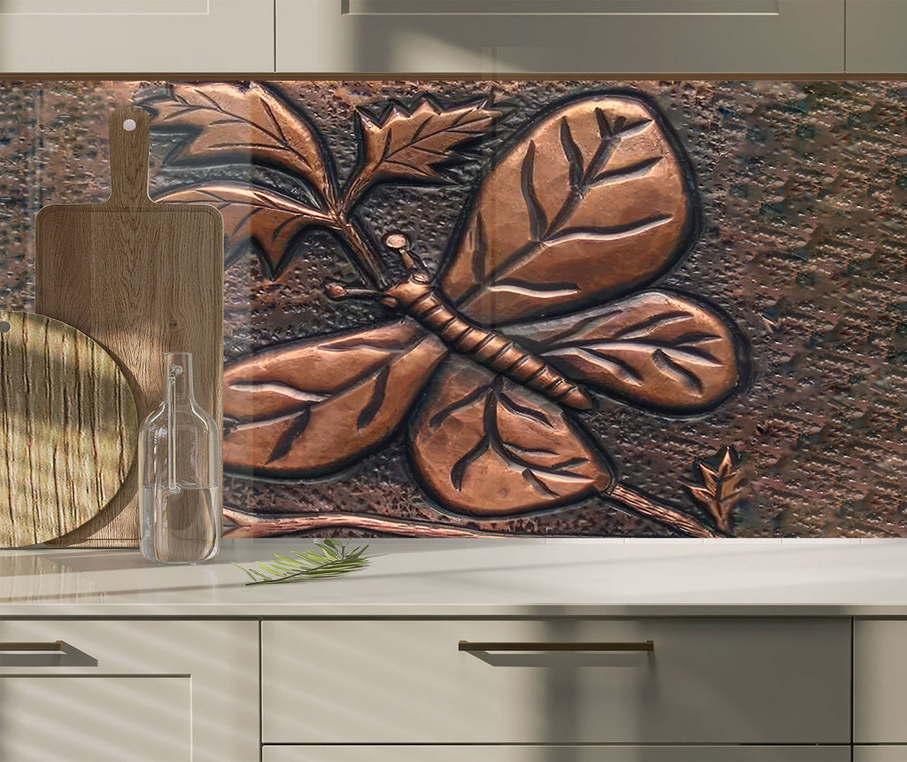 Rustic Copper Butterfly - Glass Kitchen Backsplash-BacksplashArtworks