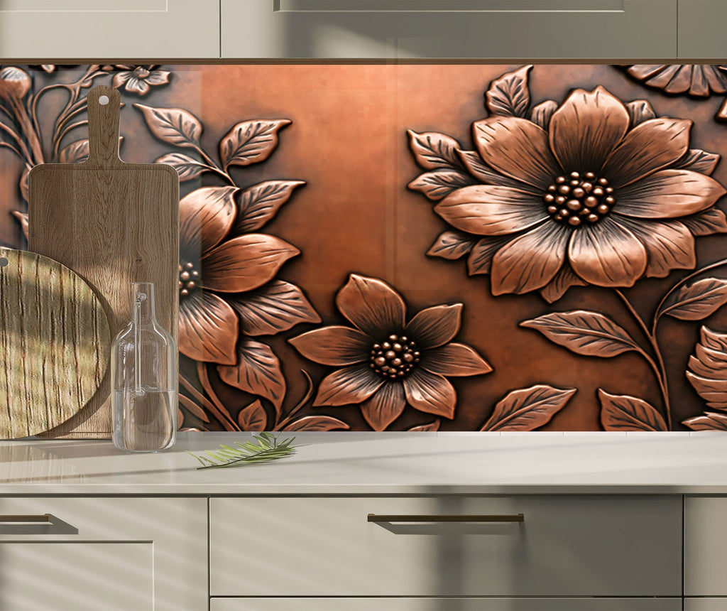 Antique Copper Floral - Glass Kitchen Backsplash-BacksplashArtworks