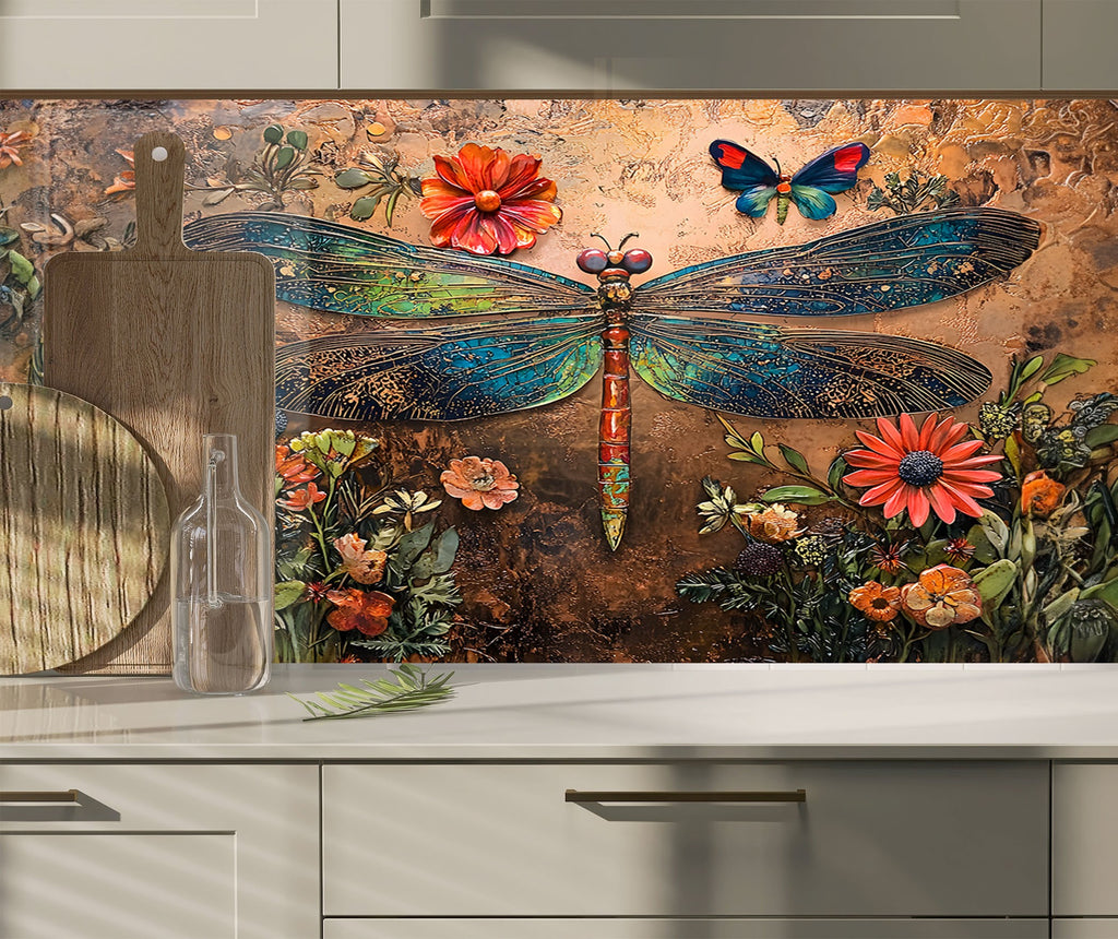 Vibrant Dragonfly - Tempered Glass Kitchen Backsplash-BacksplashArtworks