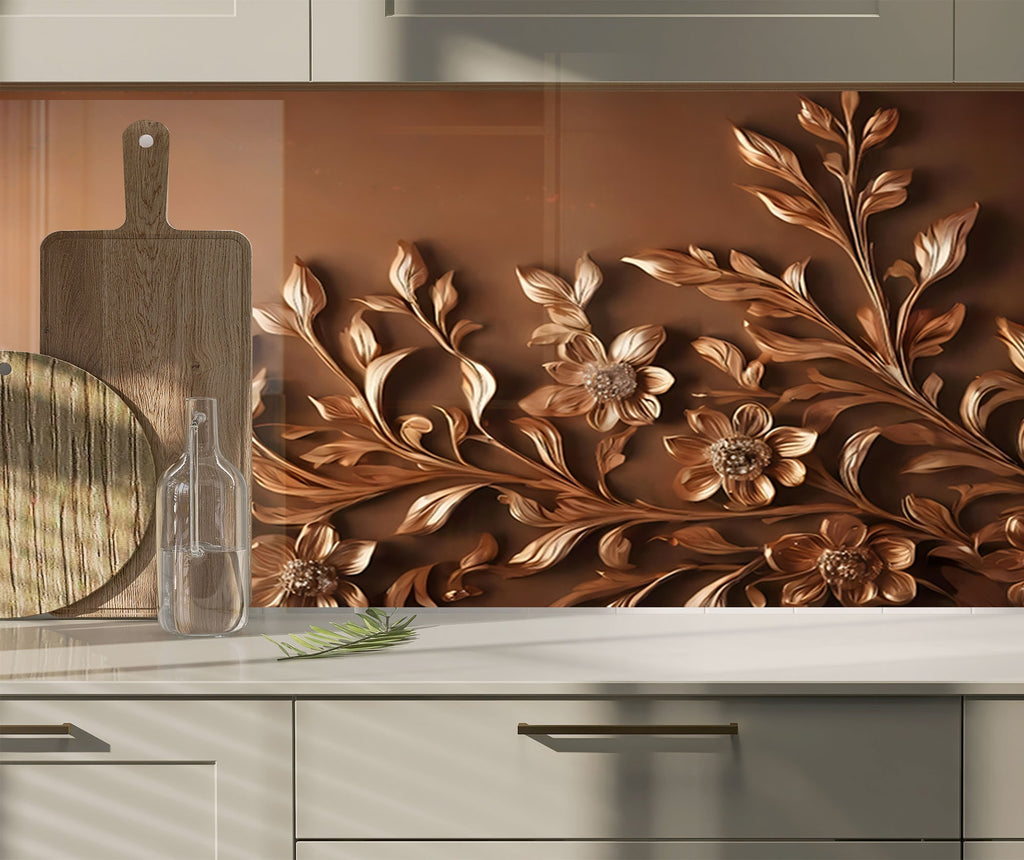 Bronze Floral Embossed - Glass Kitchen Backsplash-BacksplashArtworks