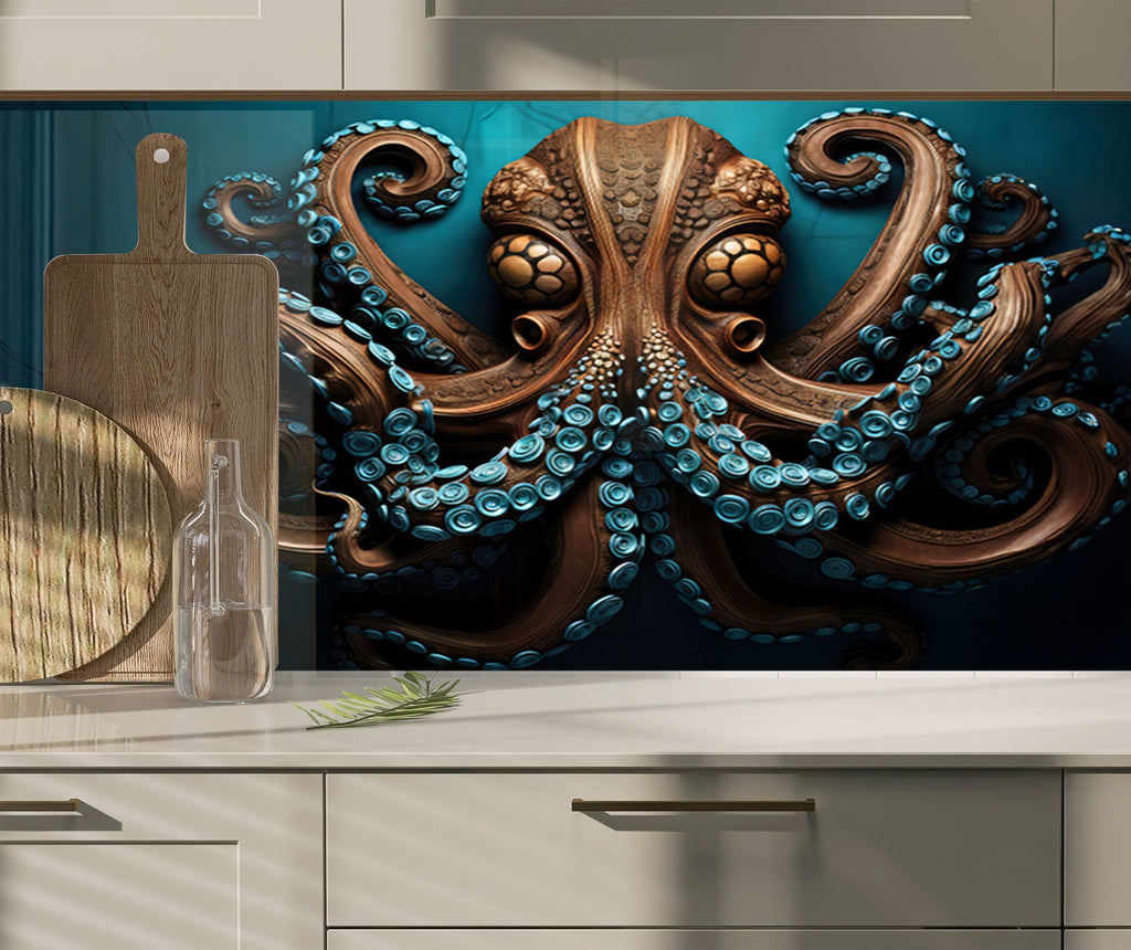 Majestic Octopus - Tempered Glass Kitchen Backsplash-BacksplashArtworks